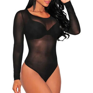 Women's  Long Sleeves Stretchy Sheer Mesh Leotard Bodysuit SexyBody Suit Tops